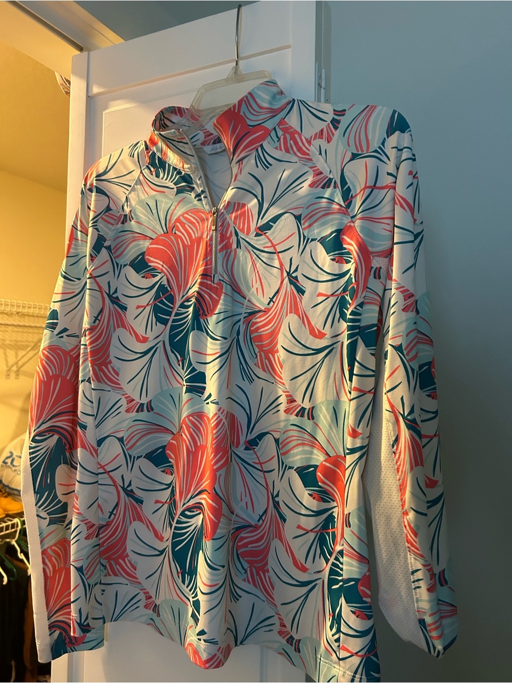 Tropical Floral Quarter-Zip Pullover - Coral & Teal